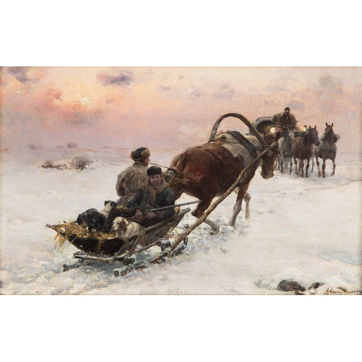 Alfred Wierusz-Kowalski | Zimowe spotkanie. Myśliwi w drodze na polowanie, lata 1890–1900