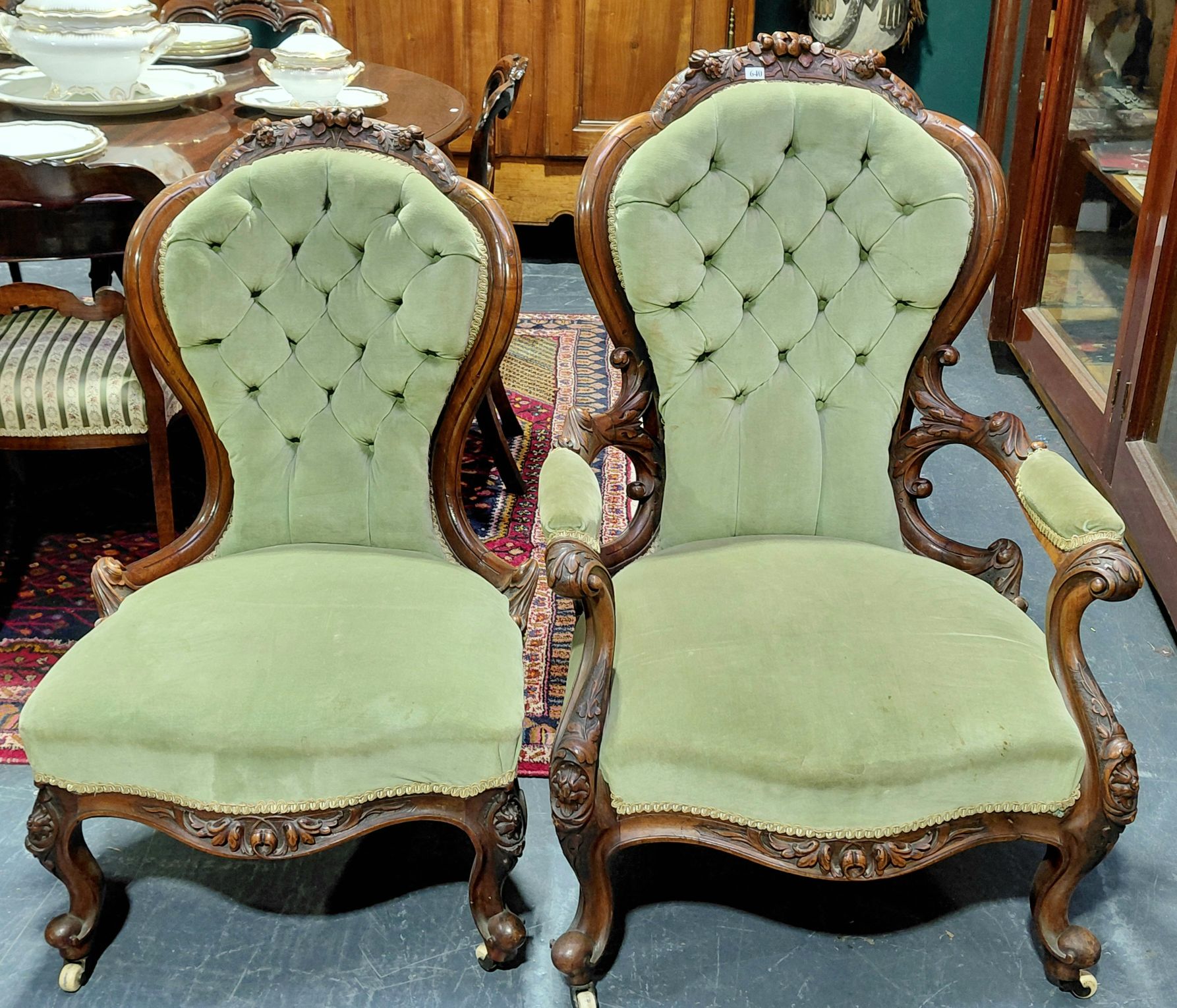 640 · PAIR OF GRANDFATHER AND MOTHER CHAIRS