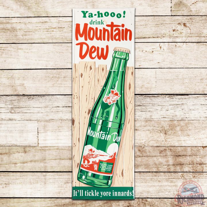 Scarce Ya-Hoo! Drink Mountain Dew Vertical Emb. Single Sided Tin Sign w/ Hillbilly & Bottle