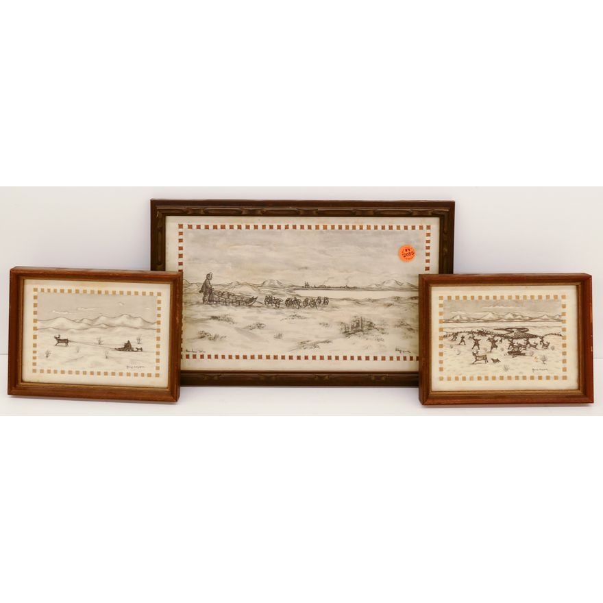 3pc George Ahgupuk Eskimo Ink Drawings with Border Framed 6''x8'' and 9''x14''