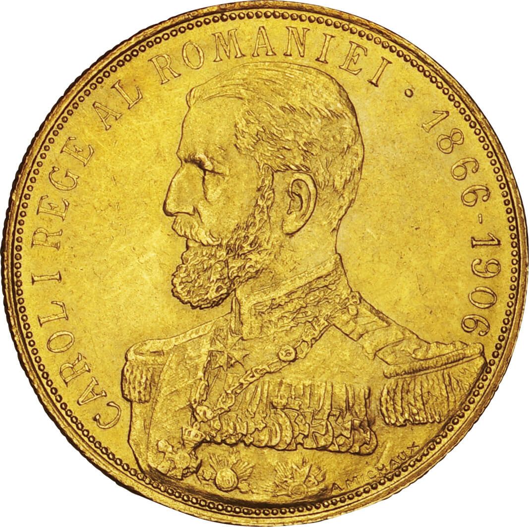 ルーマニア Romania 1906 Gold 25レイ Lei 極美 未 Au カロル1世在位40周年 25レイ金貨 1906年 Km38 40th Anniversary O Taisei Auction