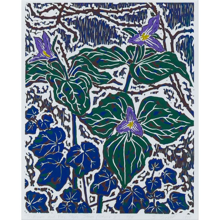 Stephan Soihl ''Trilliums and Vine'' 1999 Linocut Framed 19''x16''