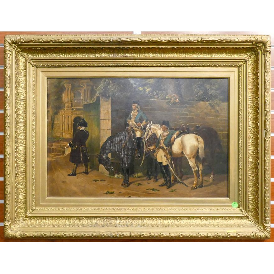 Antique French Military Equestrian Scene Oil on Paper Framed 26''x34''