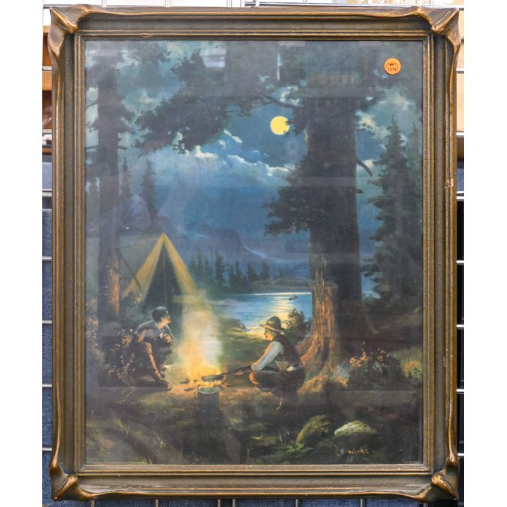 Antique Camping Scene Lithograph in Piecrust Frame 23''x19''