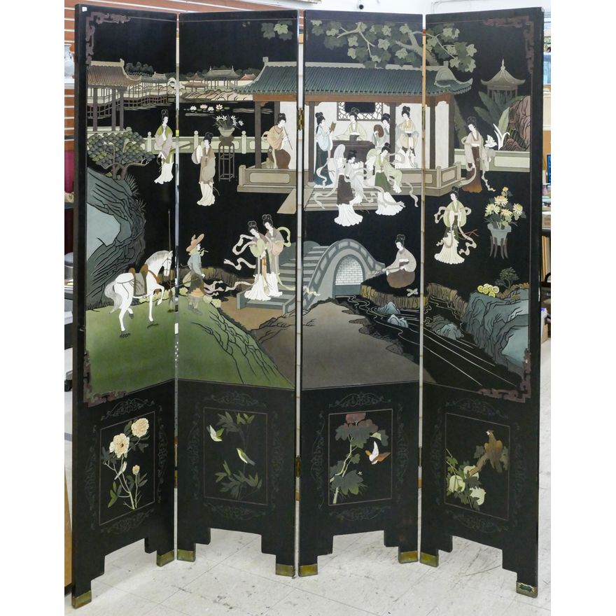 Chinese Coromandel 4-Panel Temple Scene Room Screen 73''x64''