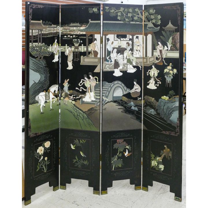 Chinese Coromandel 4-Panel Temple Scene Room Screen 73''x64''