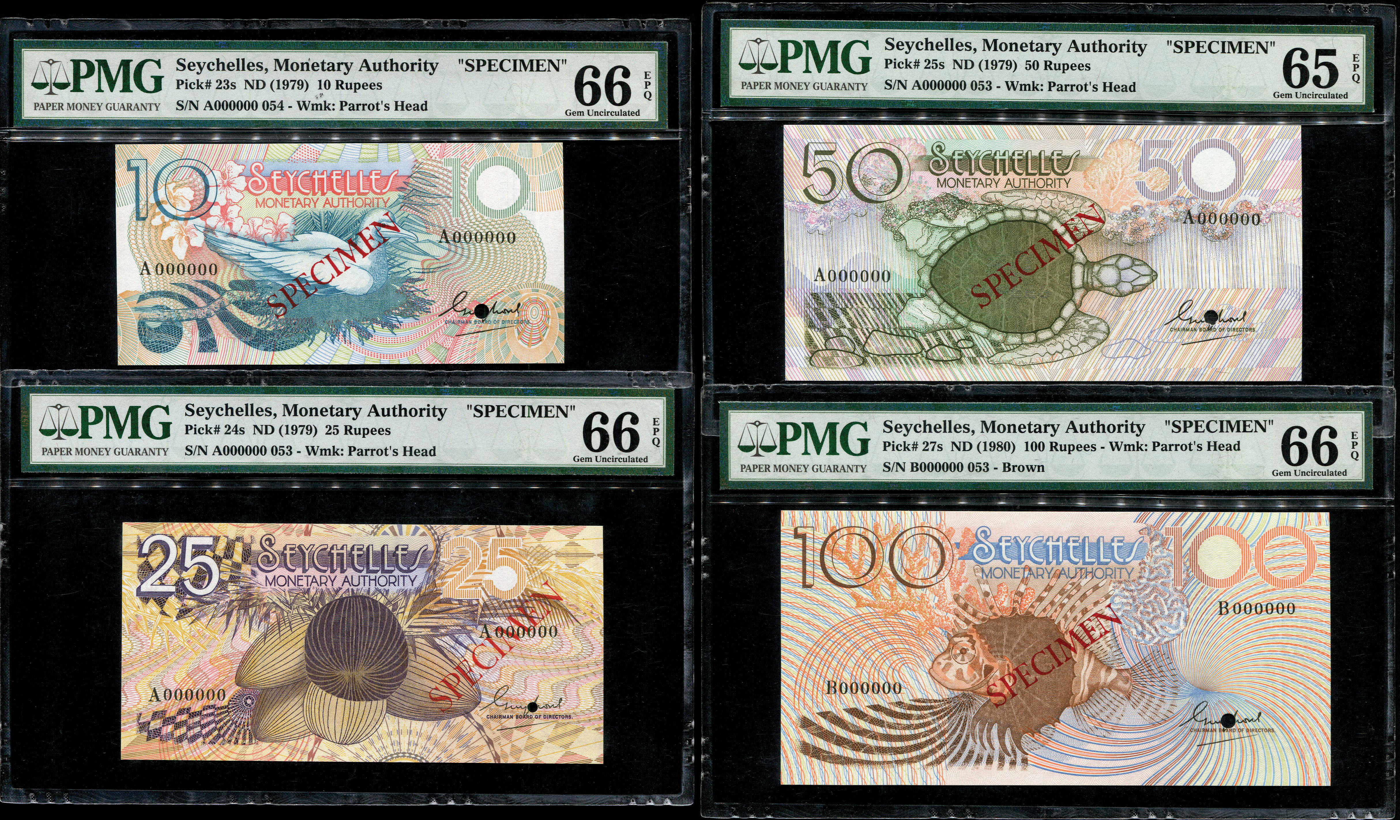 Seychelles, 10 - 100 Rupees, 1979-80, Specimen, PMG 65EPQ