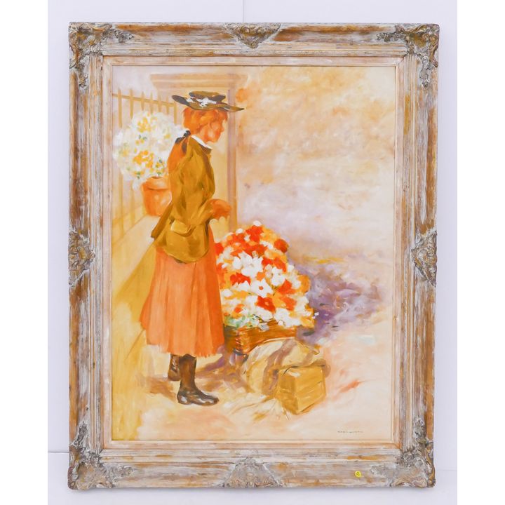 Alan Wadsworth Parisian Flower Vender LARGE Oil on Canvas Painting in Ornate Frame- 57x46''