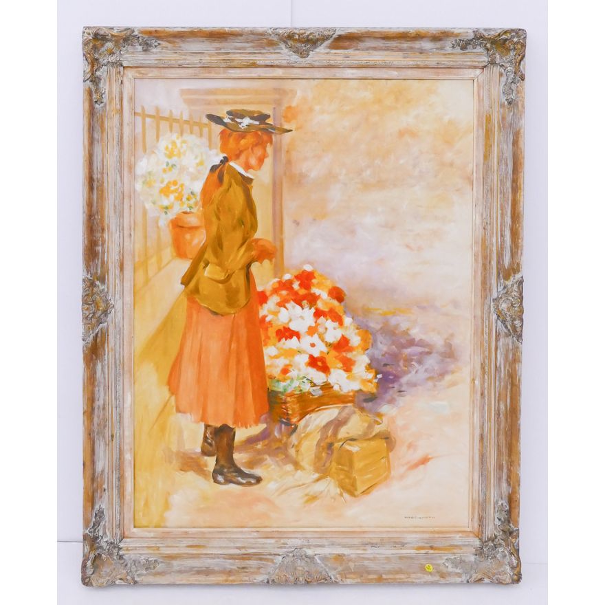 Alan Wadsworth Parisian Flower Vender LARGE Oil on Canvas Painting in Ornate Frame- 57x46''