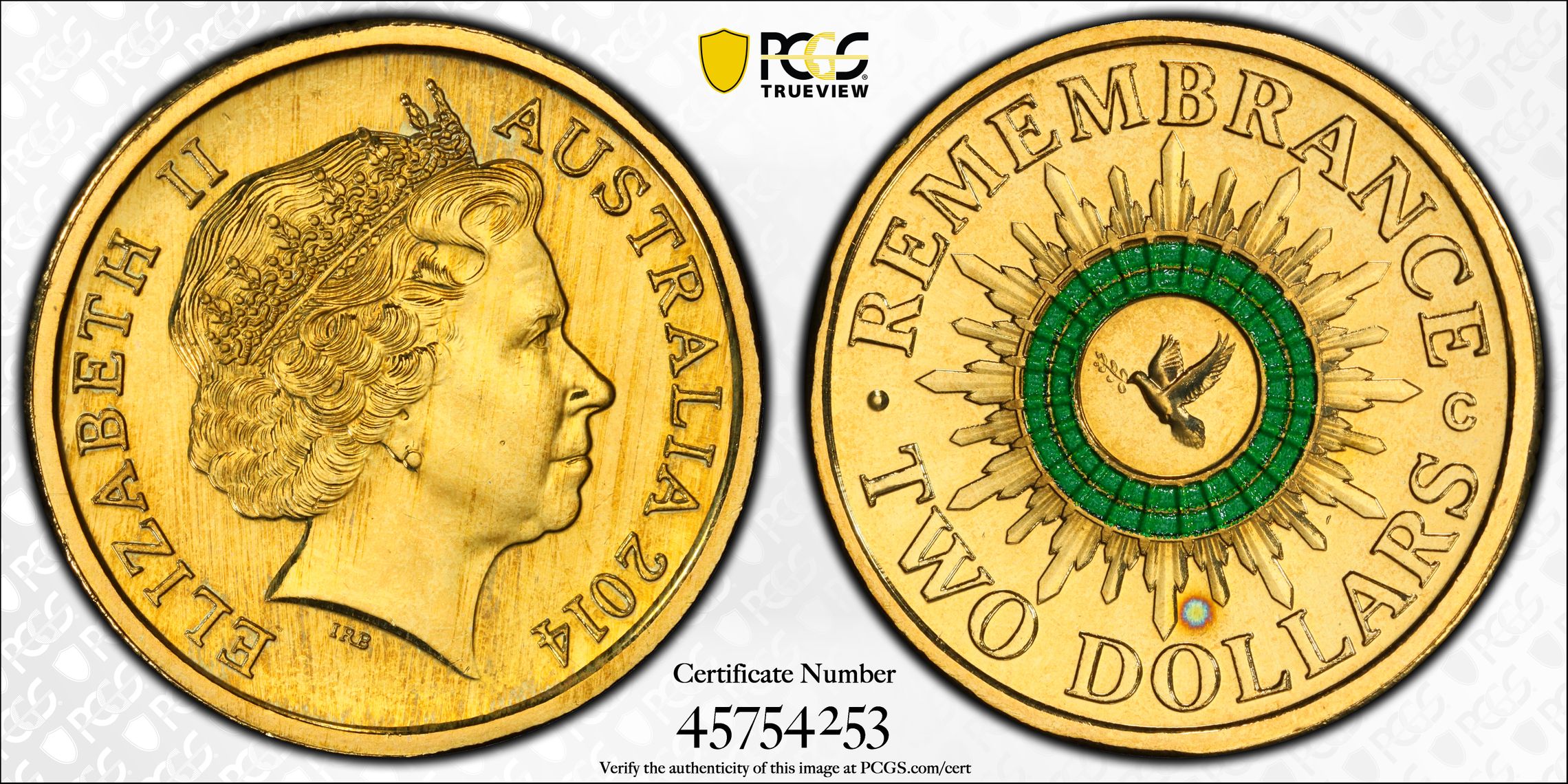 Remembrance Green Dove, Two Dollar, 2014-C, PCGS MS65