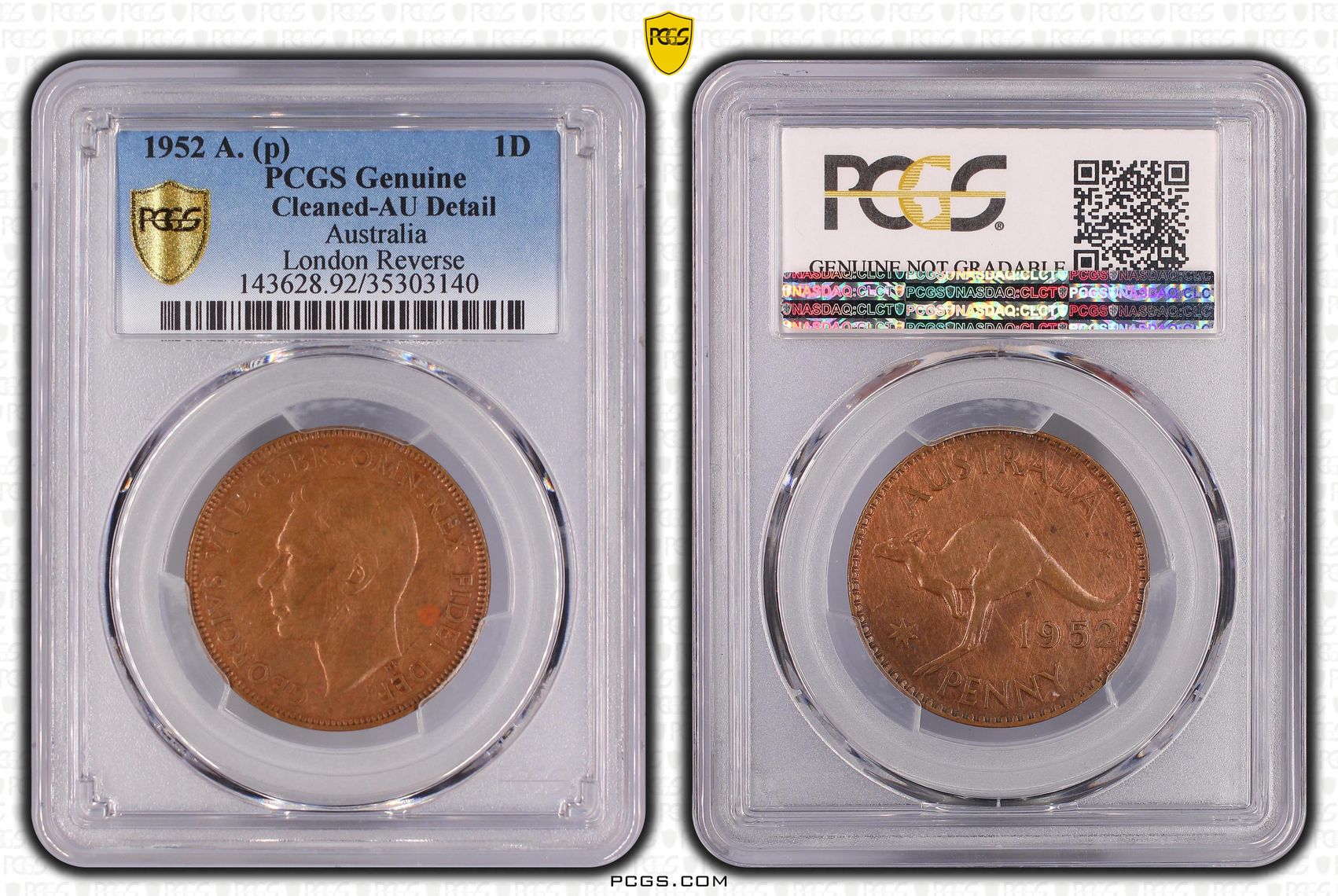 George VI, London reverse, Penny, 1952, PCGS Genuine - AU Details (92 - Cleaned)