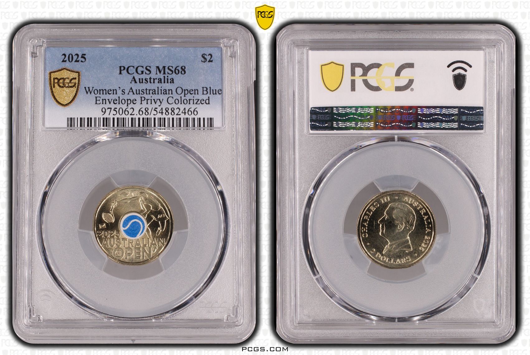 Women's Aus Open Blue Envelope Privy Colourised, Two Dollar, 2025, PCGS MS68