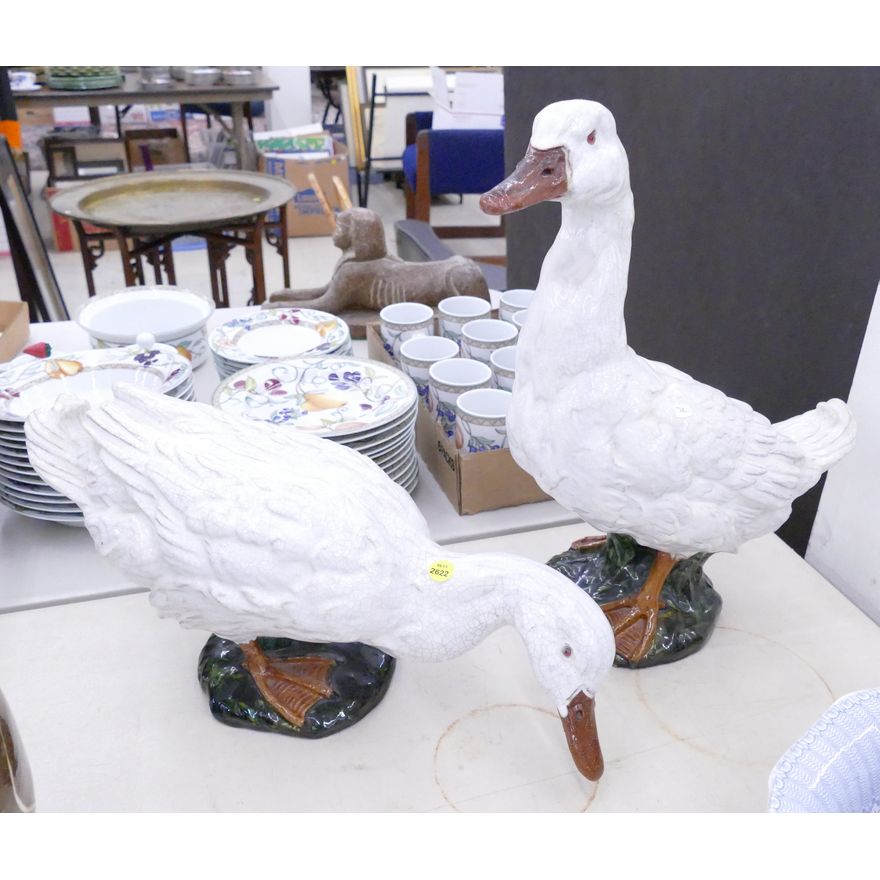 Pair Majolica Terra Cotta Geese Figures- 9 to 18''