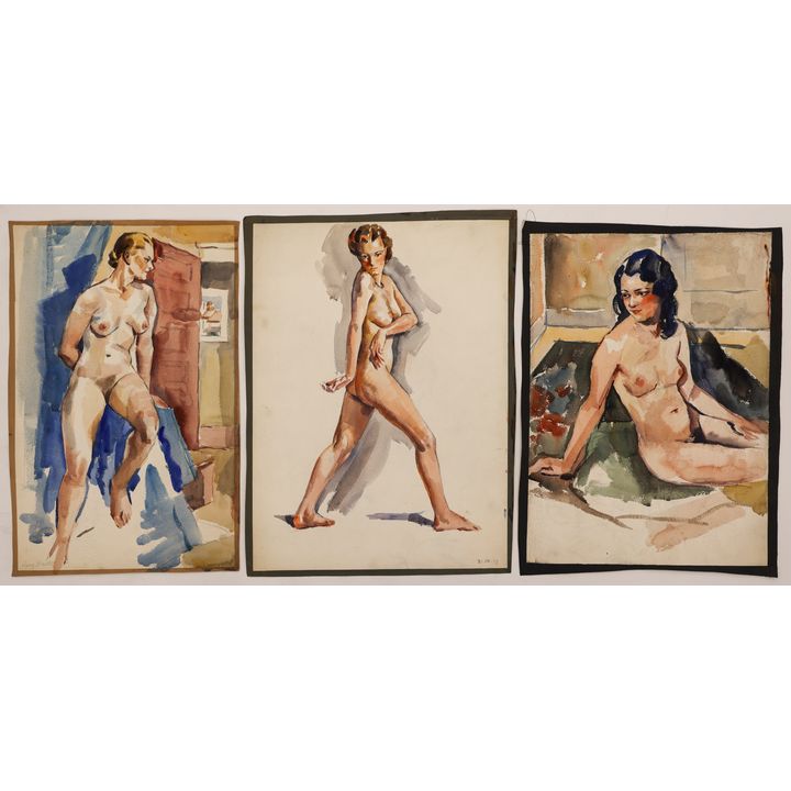 3pc Harry Bonath 1930's Female Nude Watercolors on Paper