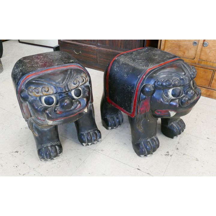 Pair Meiji Japanese Lacquered Figural Foo Dog Stools- 14x16x11'' each