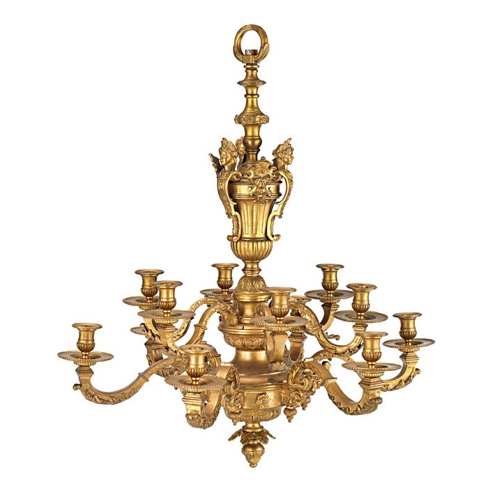 A 20th century French gilt bronze twelve-light chandelier