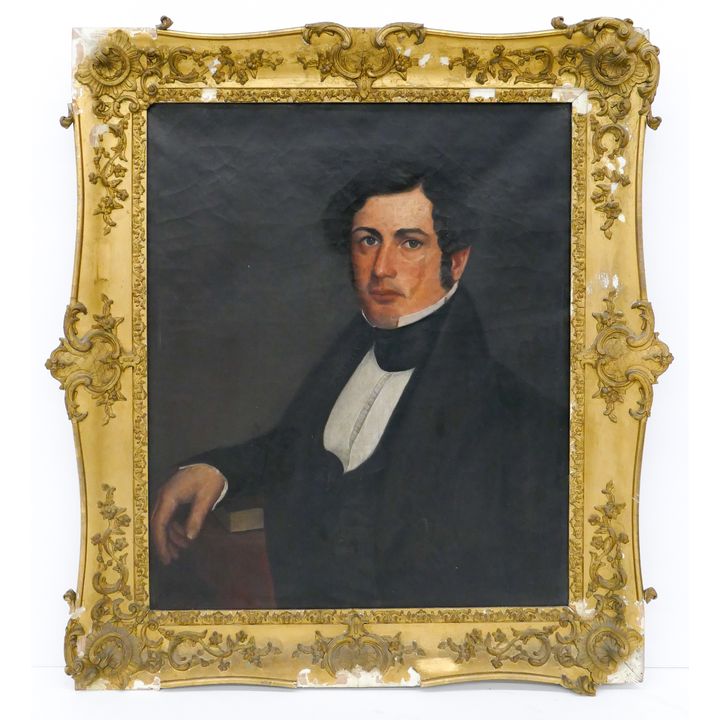 Antique American Portrait of a Gentleman Oil on Canvas- Gilt Frame (AS IS)- 39x34''