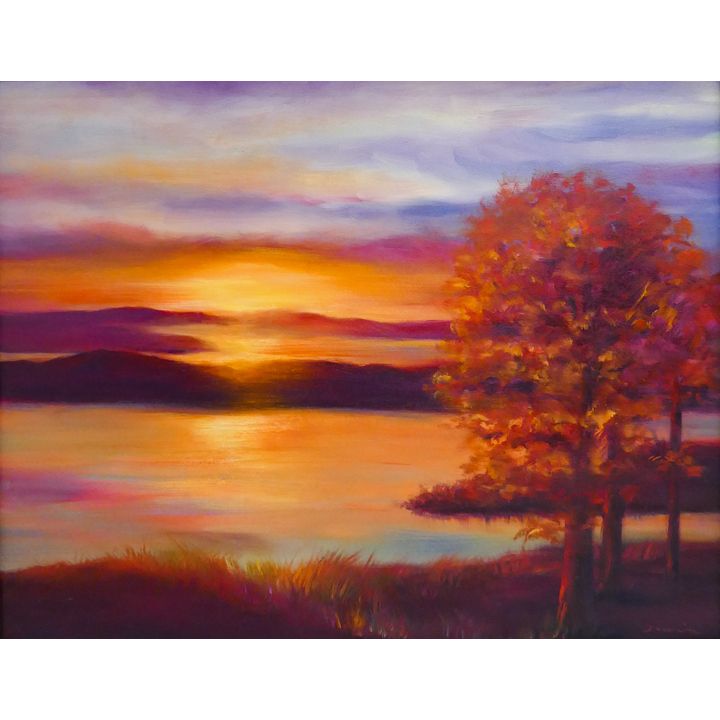 Denise Cole Sunset Scene Oil Painting on Board Framed. Image measures 16x19.5'' and overall framed measurements of 26x30''