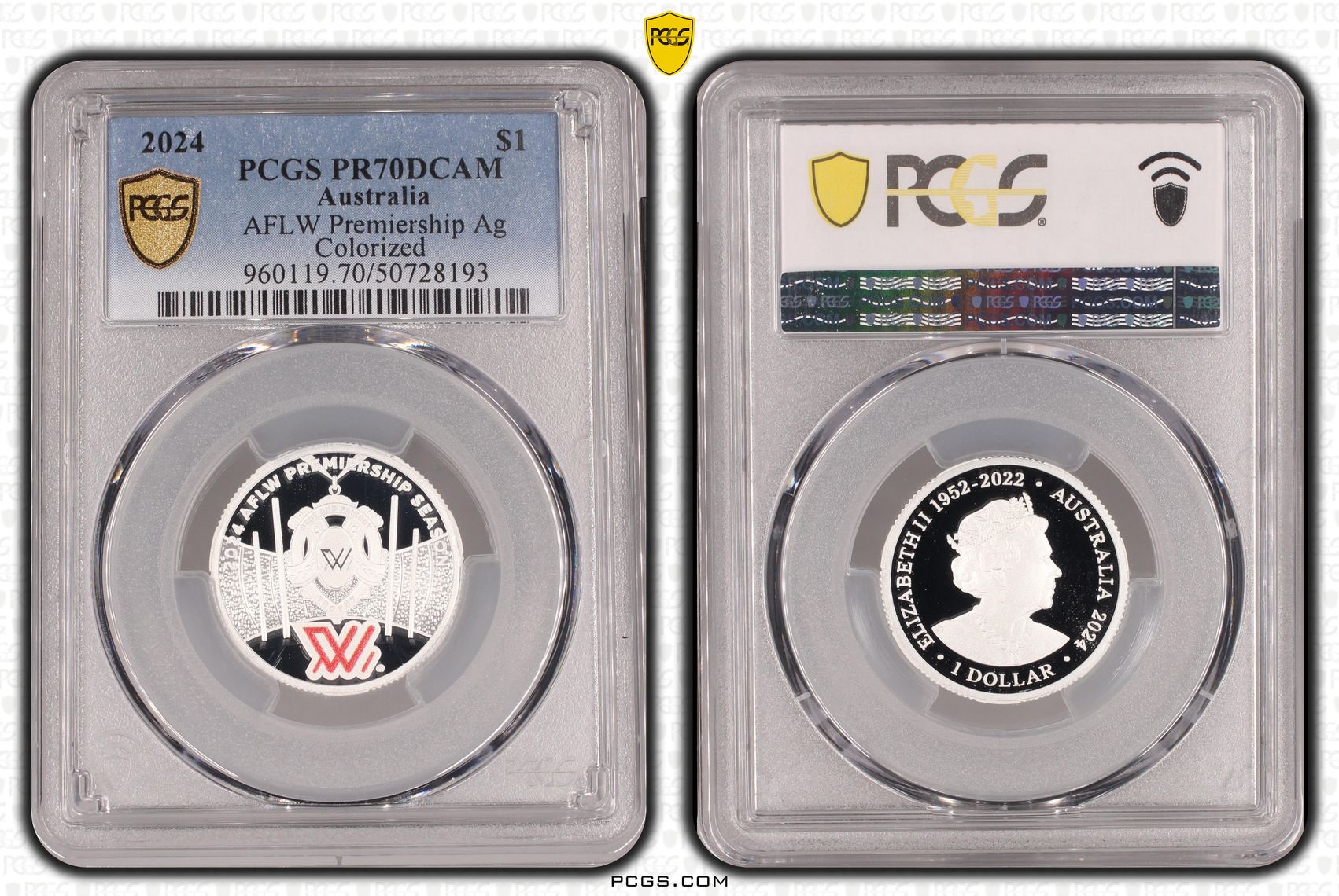 AFLW Premiership Ag Colorized POP 4/0, One Dollar, 2024, PCGS PR70DCAM