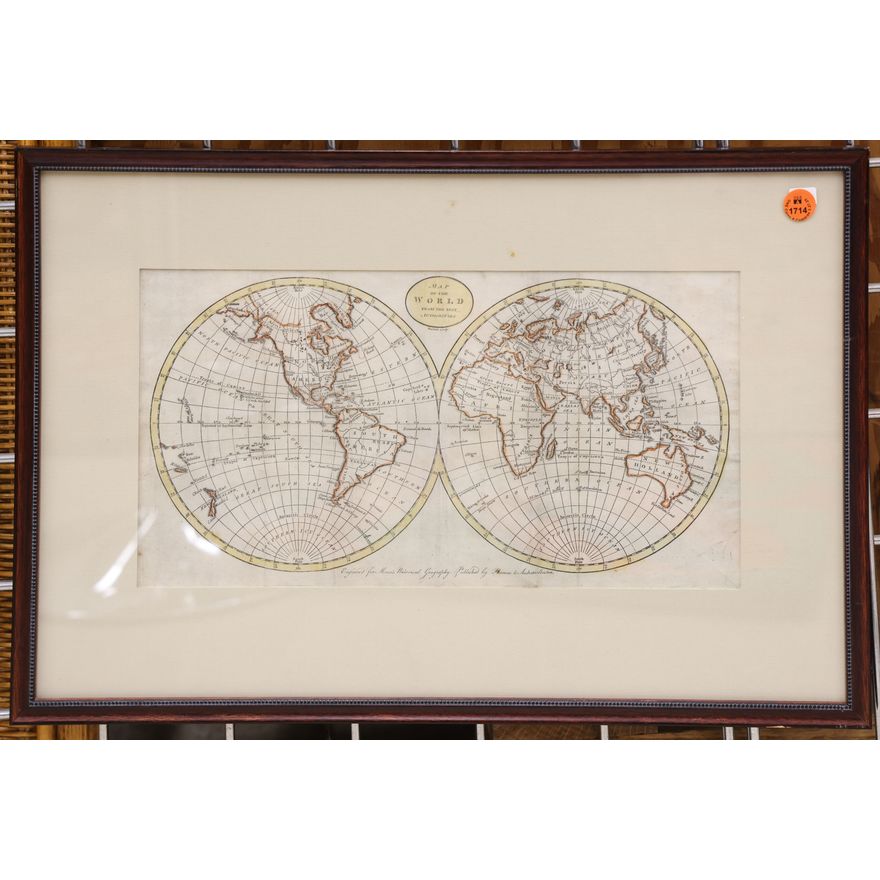 Antique Thomas & Andrew World Map Engraving Framed 13.5''x20''
