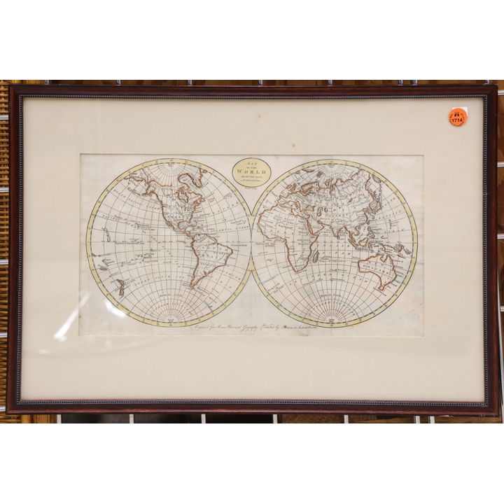 Antique Thomas & Andrew World Map Engraving Framed 13.5''x20''