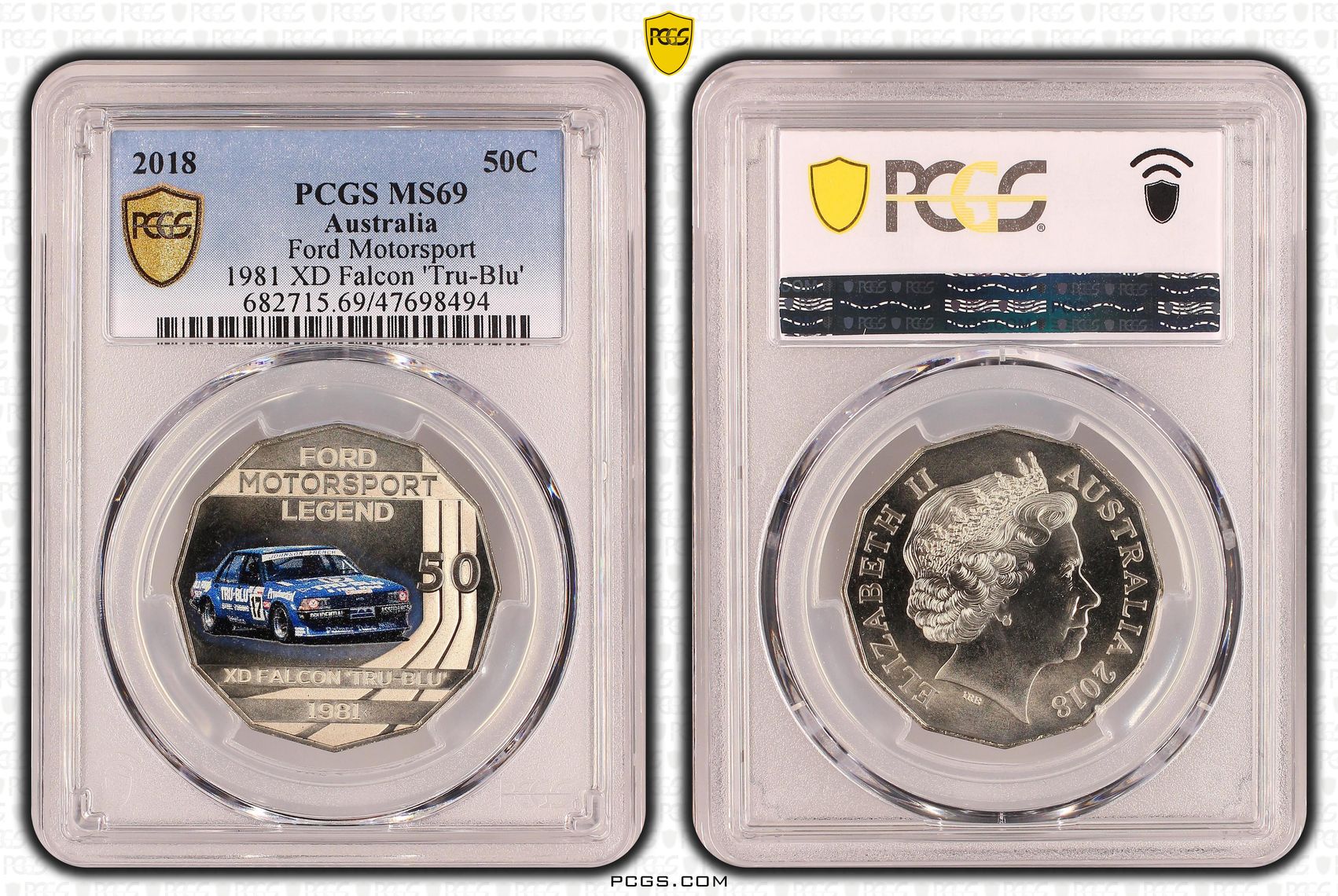Elizabeth II, Ford Motorsport - 1981 XD Falcon 'Tru-Blu', Fifty Cent, 2018, PCGS MS69