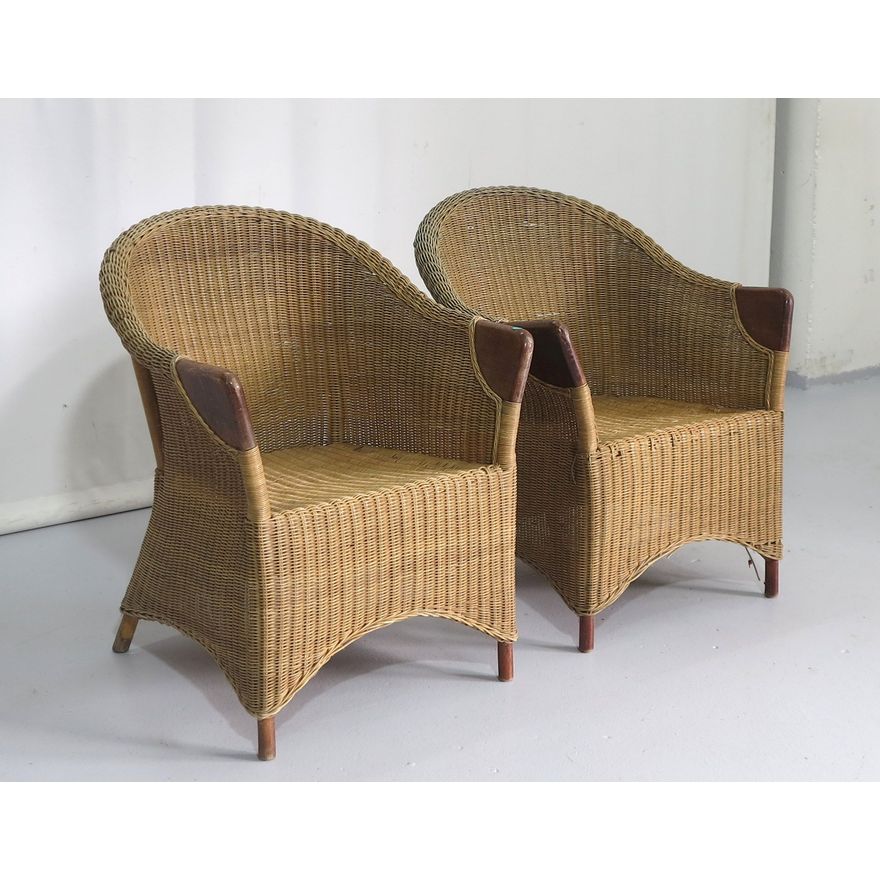PAIR OF WICKER AND WOOD ARMCHAIRS