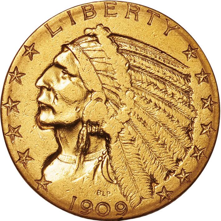 アメリカ-USA. 1909. gold. 5. Dollar. 極美. EF. インディアン頭像 5 