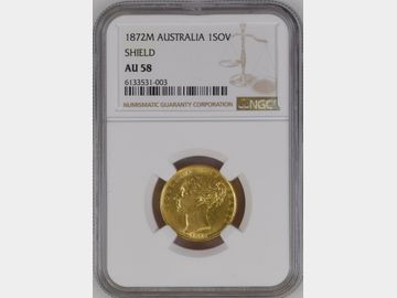 1872 VICTORIA YOUNG HEAD MELBOURNE MINT SHIELD GOLD SOVEREIGN AU58