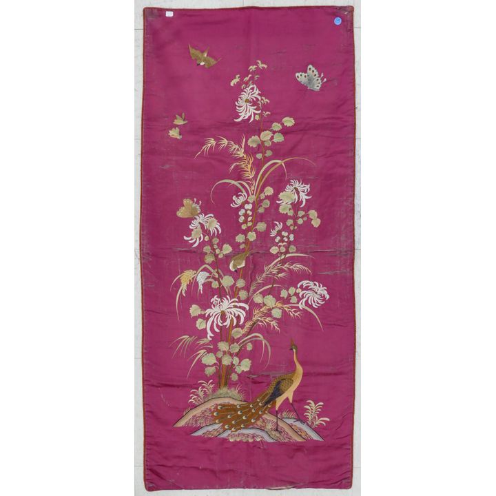 Old Japanese Chrysanthemums & Birds Embroidered Panel 52''x23''