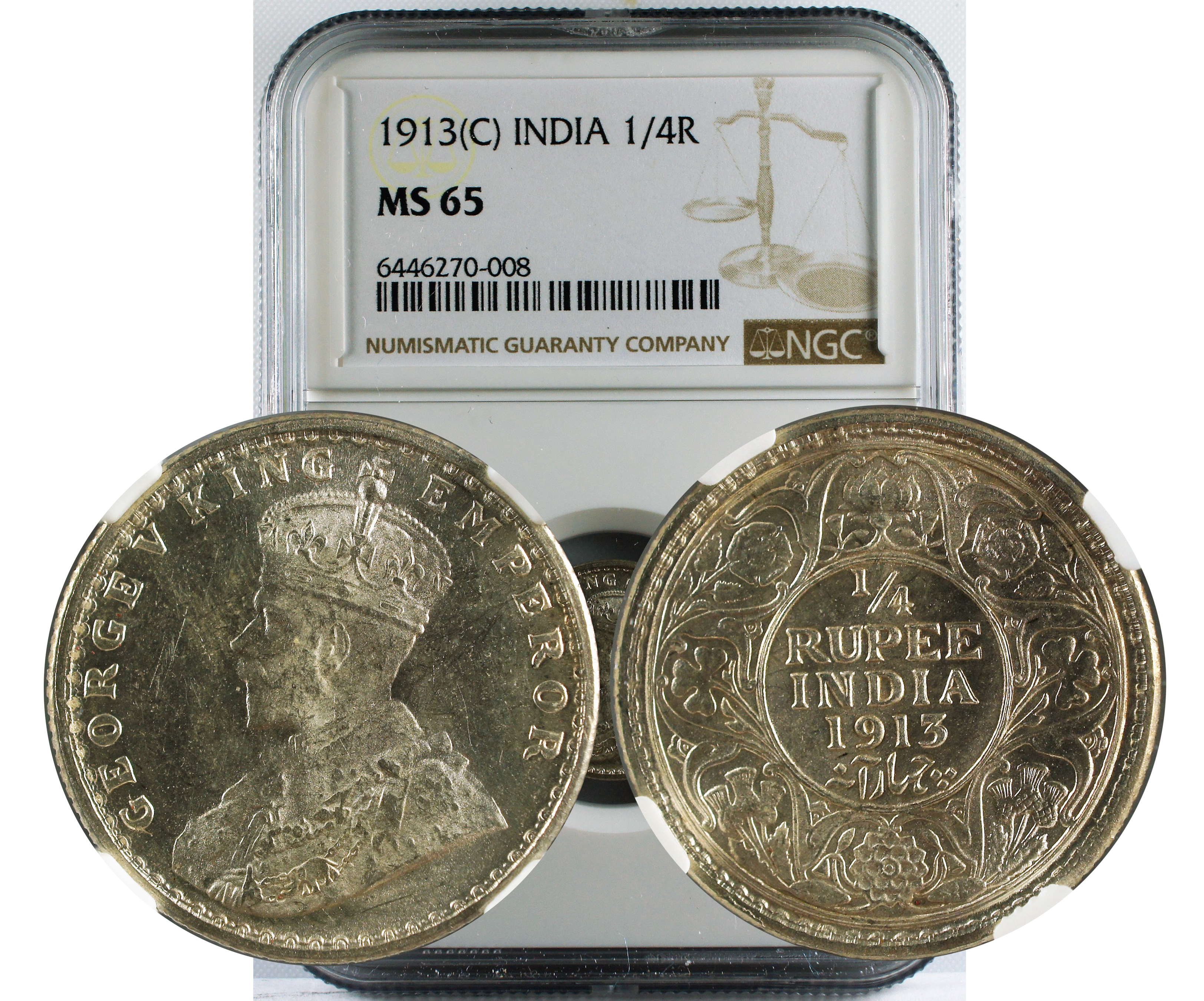 1913 C INDIA 1/4 RUPEE MS65