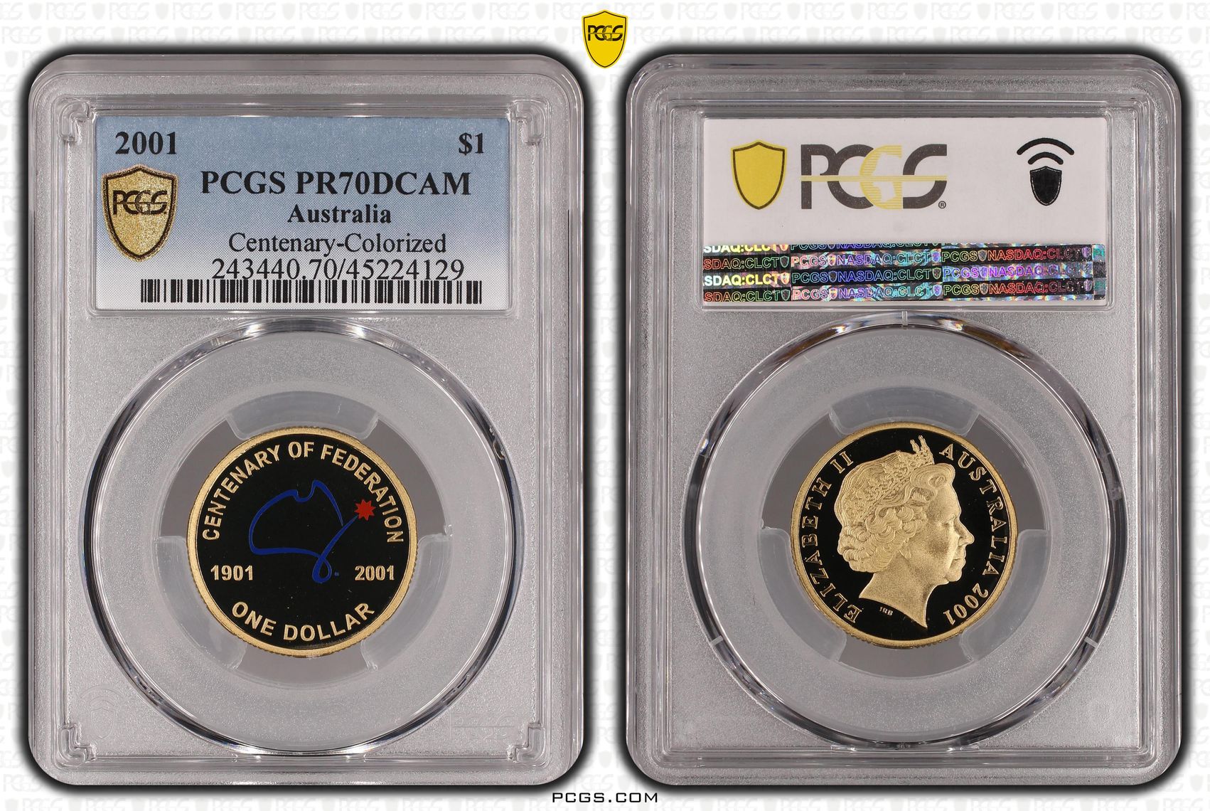 2001 Australia One Dollar, $1 Proof Centenary-Colorized PCGS - PR70DCAM POP 39/0 -129