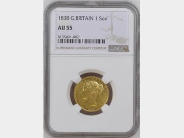 1838 VICTORIA YOUNG HEAD LONDON MINT SHIELD GOLD SOVEREIGN AU55