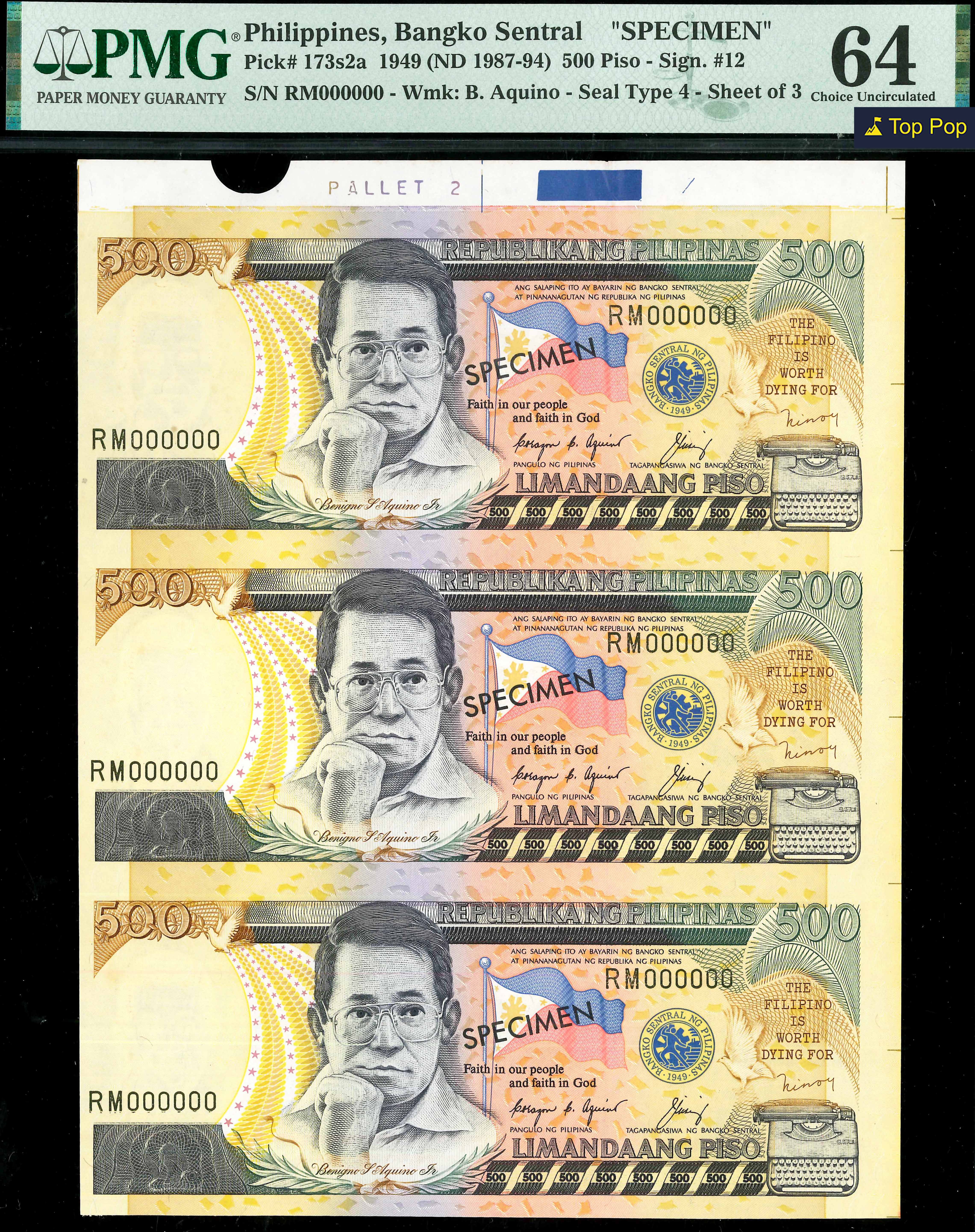 Philippines, 1949, 500 Piso, P-173s2a, S/N. RM 000000, Specimen, Uncut  sheet of 3, Top Pop, PMG 64. | Unique World Coin Sdn Bhd