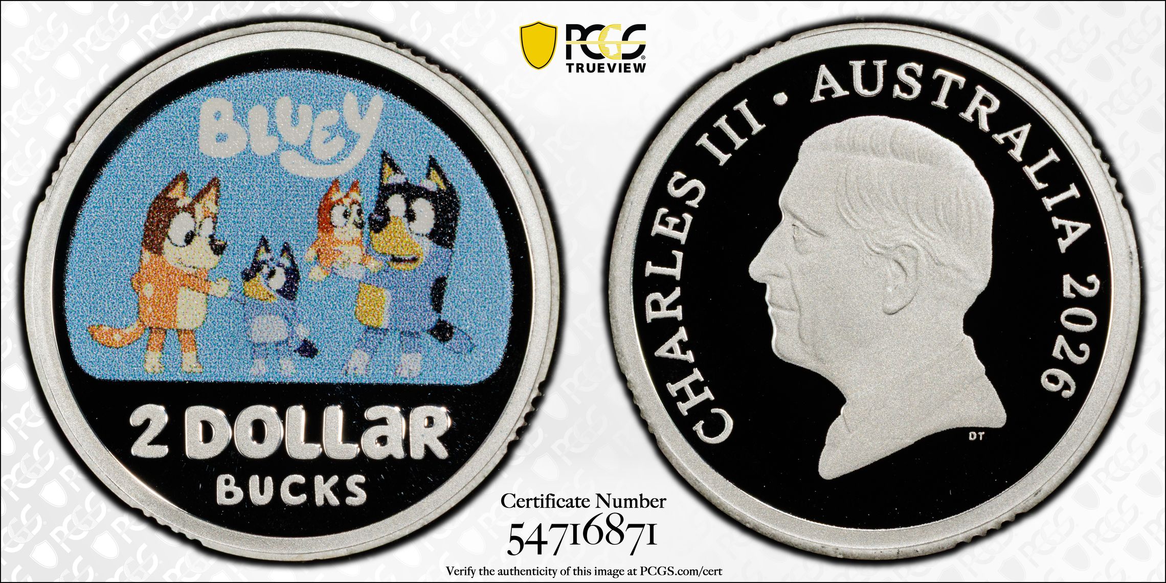 Bluey Colourised Silver - First Strike, Two Dollars, 2026, PCGS PR69DCAM