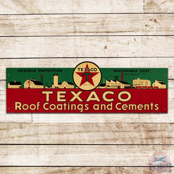 NOS 1937 Texaco Roof Coatings and Cements Die Cut Single Sided Tin Sign w/ Logo "Black T"