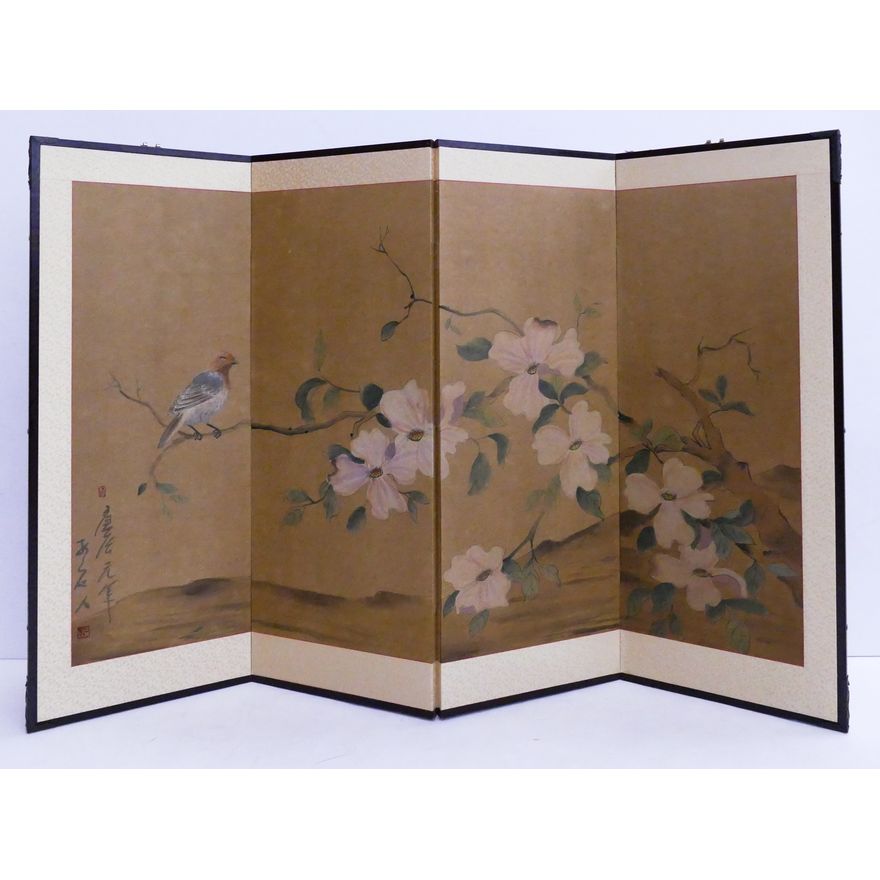 Japanese Painted 4 Panel Screen- Bird on Flower Branch- 36x54''