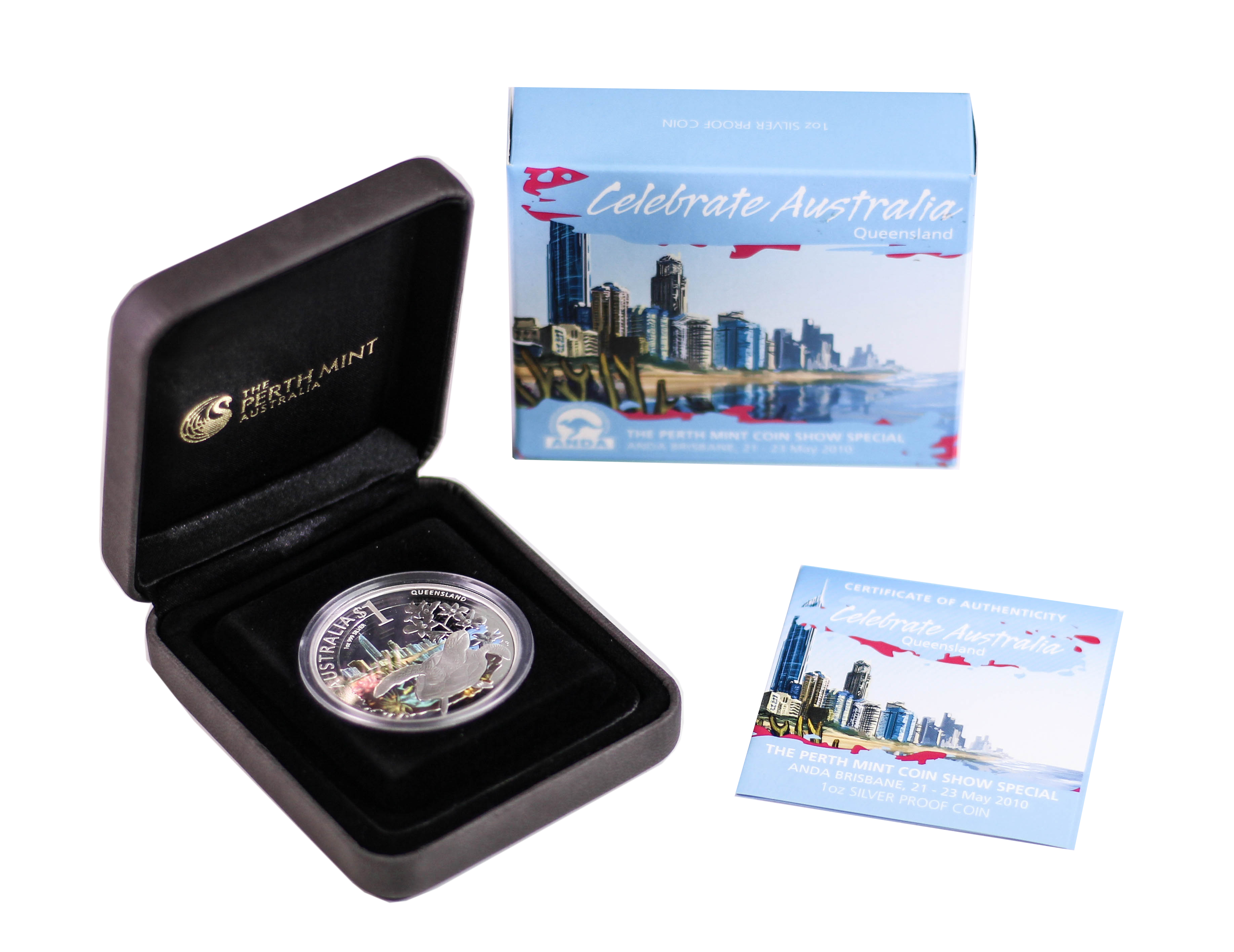 2010 Perth Mint $1 1oz Silver Celebrate Australia QLD ANDA Coin Box & COA