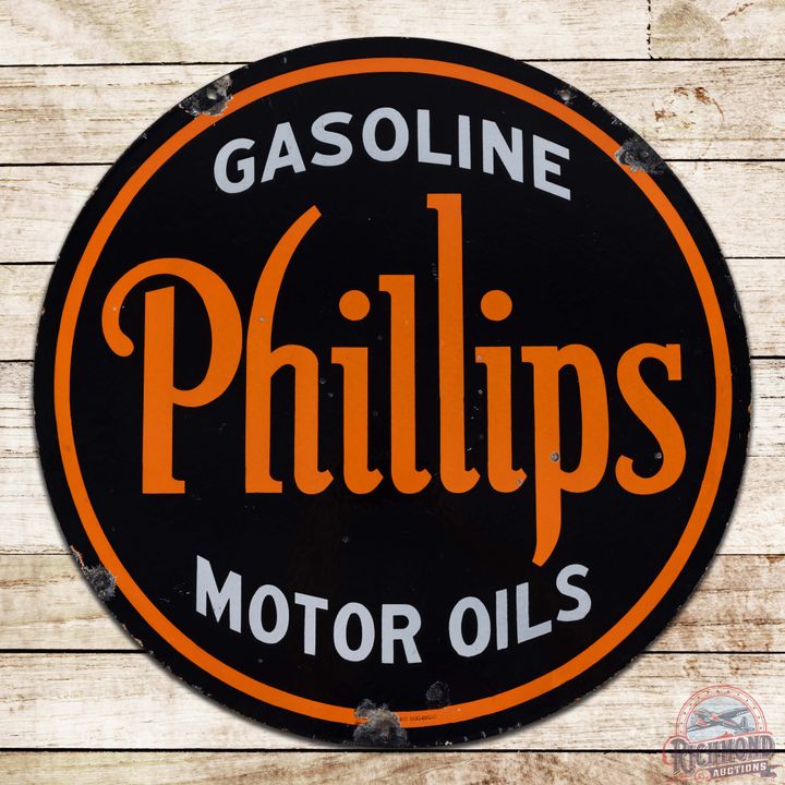Scarce Phillips Gasoline Motor Oils 30" Double Sided Porcelain Sign