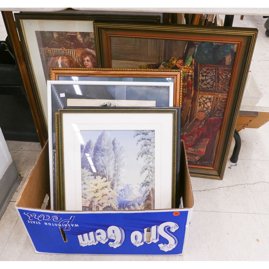 Box Framed Antique Watercolors and Prints- 13pc