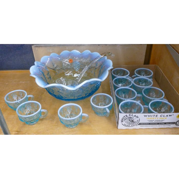 Blue Opalescent Pattern Glass Punch Bowl Set