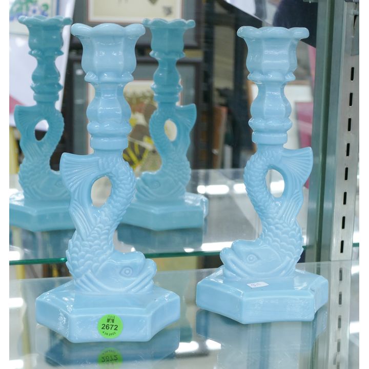 Pair Blue Glass Dolphin Candlesticks- 9.5''