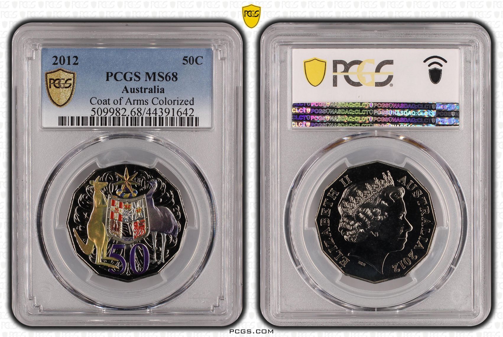 2012 Australian Fifty Cent, 50c Coat of Arms Colorized PCGS - MS68 -642