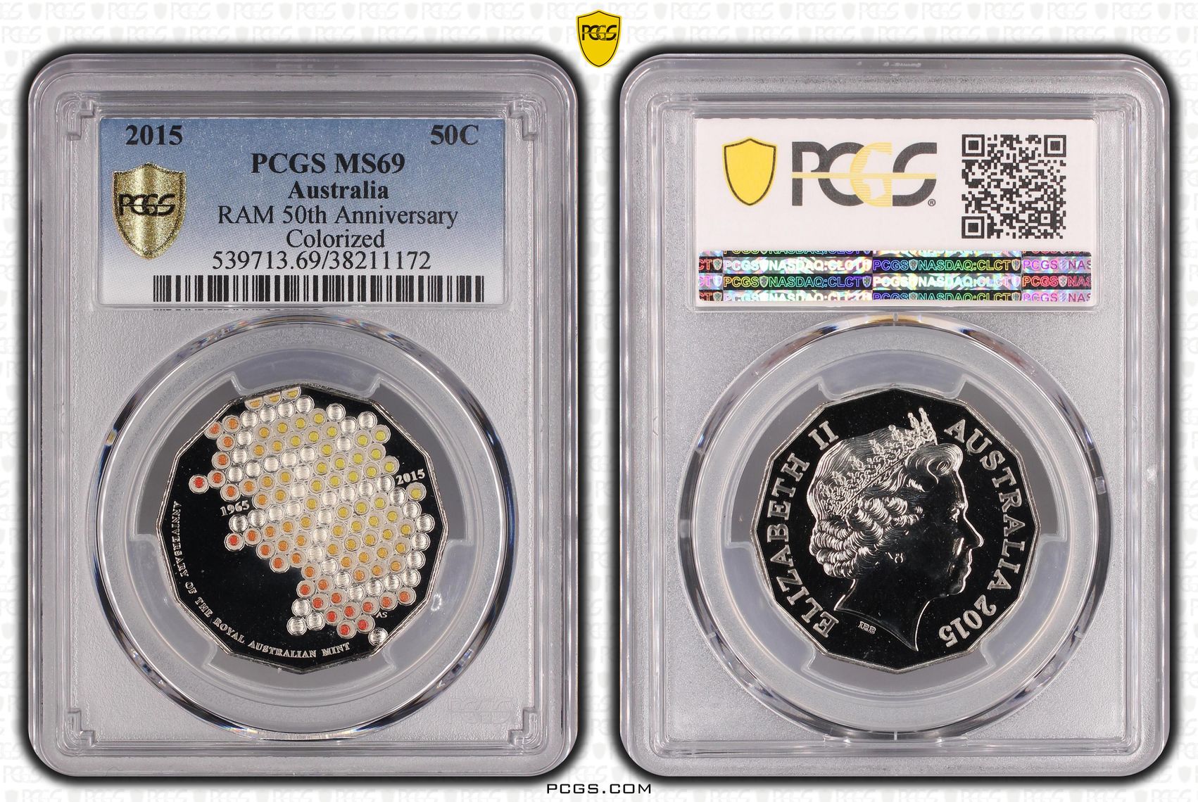 2015 Australian Fifty Cent, 50c RAM 50th Anniversary Colorized PCGS - MS69 -172