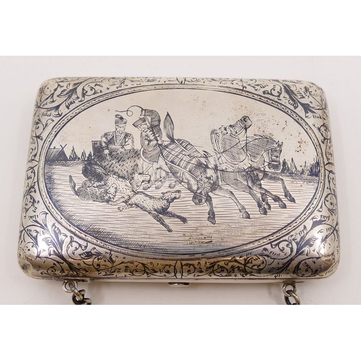 Russian 84 Silver Niello Inlaid Hunt Scene Case with Chain