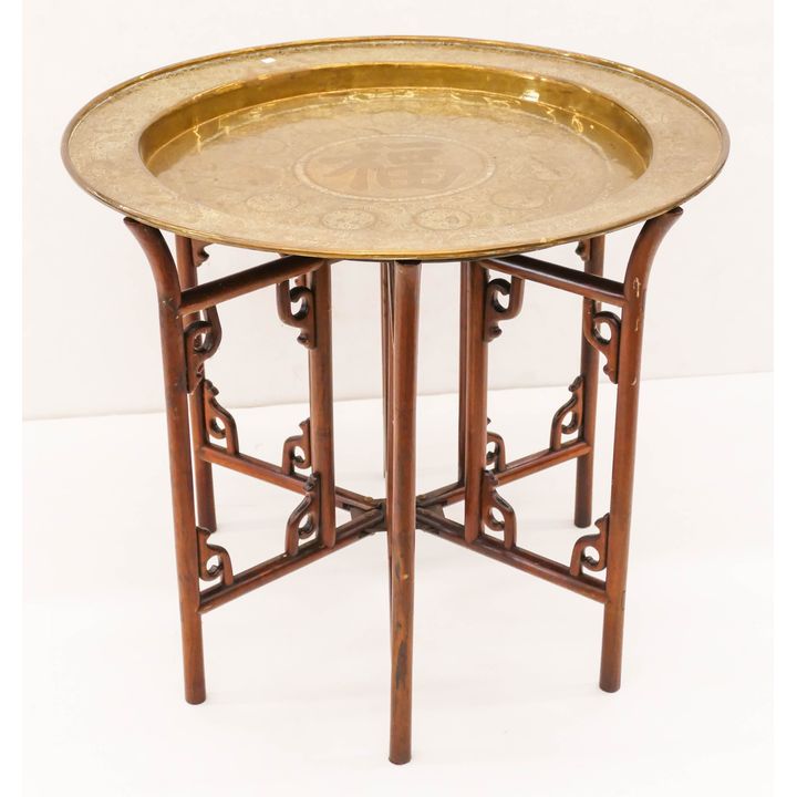 Old Chinese Brass Charger on Rosewood Stand- 24x29''