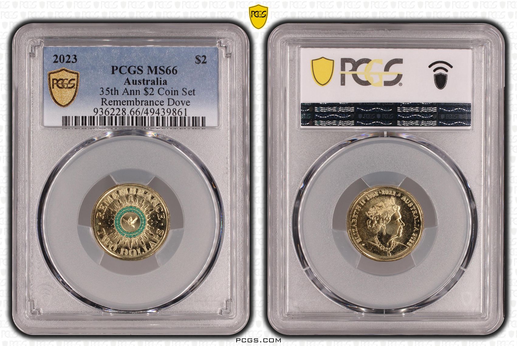 Elizabeth II, 35th Ann $2 Coin Set Colorized Remembrance Dove , Two Dollar, 2023, PCGS MS66