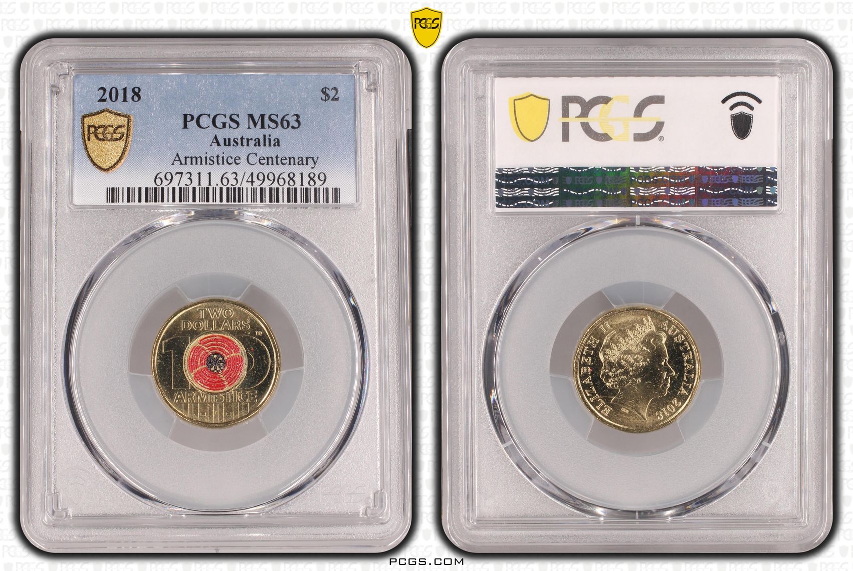 Armistice Centenary Colourised, Two Dollar, 2018, PCGS MS63
