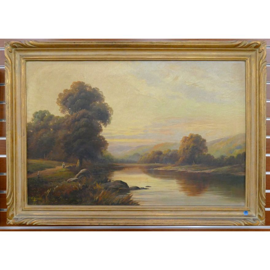 Antique A. Spencer River Scene Oil Painting Gilt Framed 29''x41''