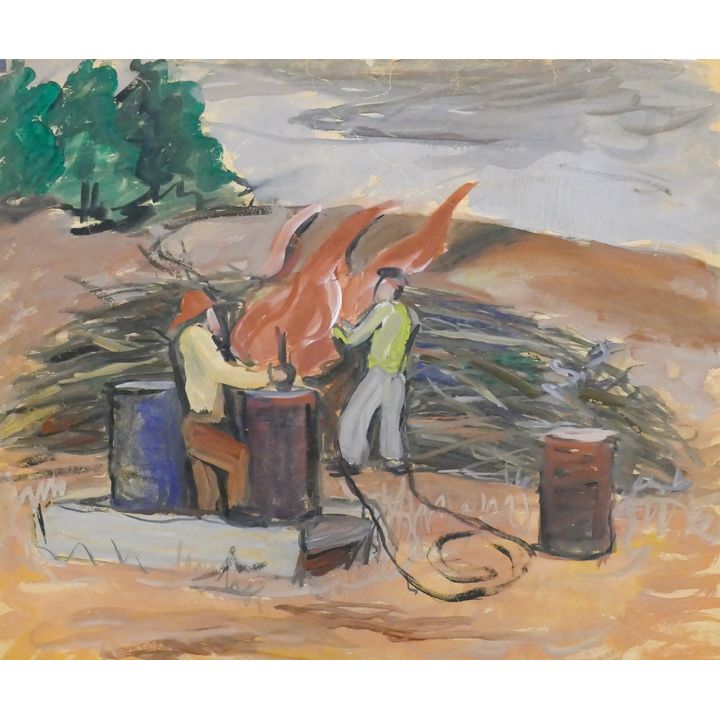 Arthur or Albert Runquist ''Tree Pile Burning'' Oil on Paper 19''x22''